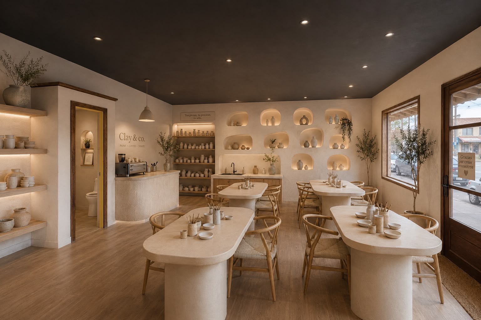 Interior del estudio MediTerra con mesas de trabajo y piezas de cerámica